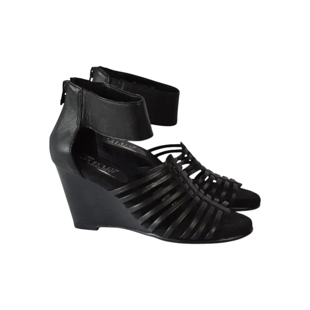 Aerosoles Black Leather Caged Wedge Sandals Strappy Zip Back - Size 6